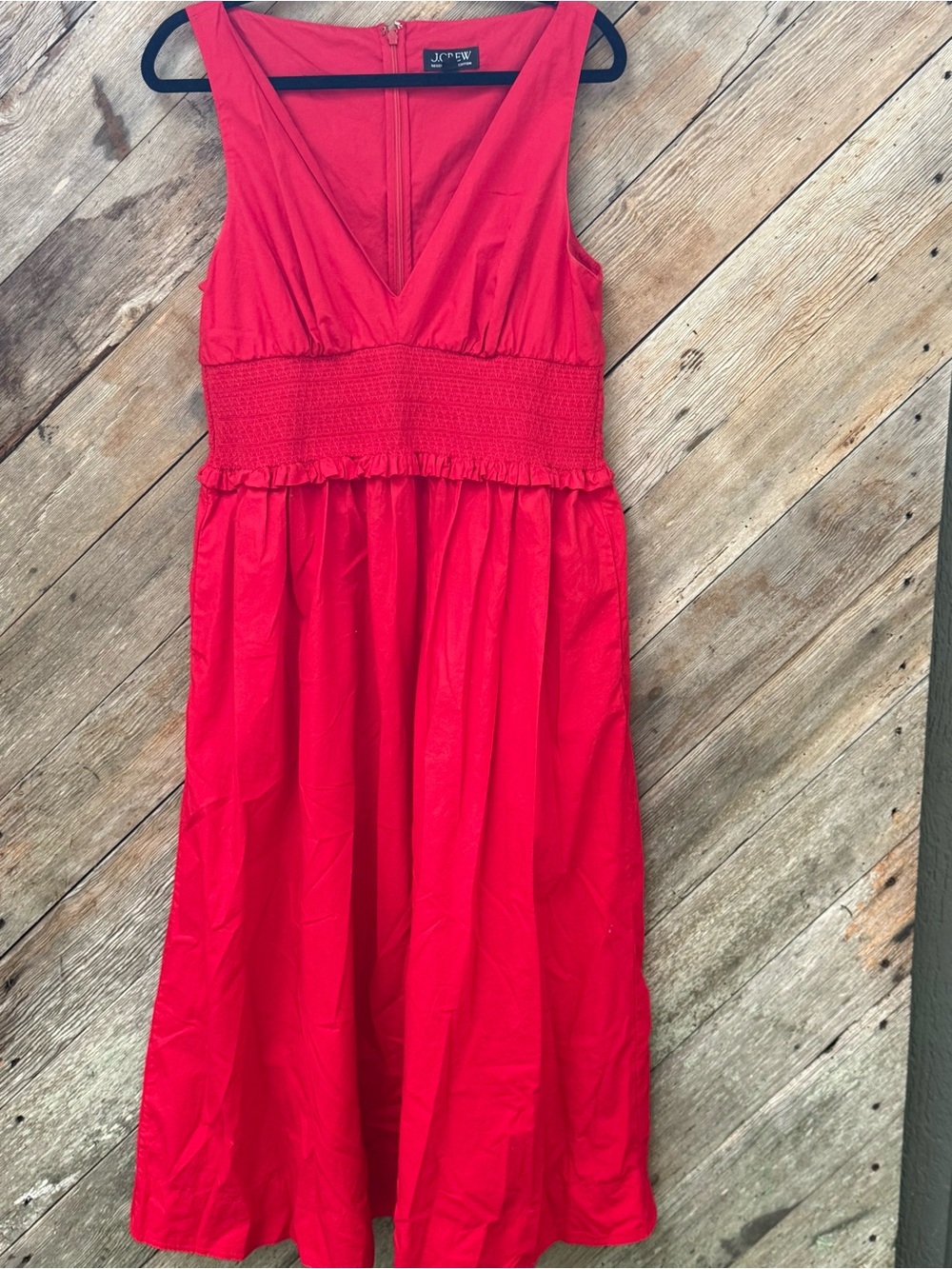 J.Crew Summer Wedding Guest Dress. V-Neck Red Smocked-Waist. Size Large.